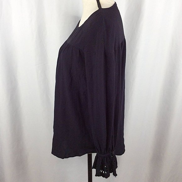 Ann Taylor LOFT Blouse Womens Size Small Ruffle Eyelet Cuff Embroidered Striped - Picture 4 of 8